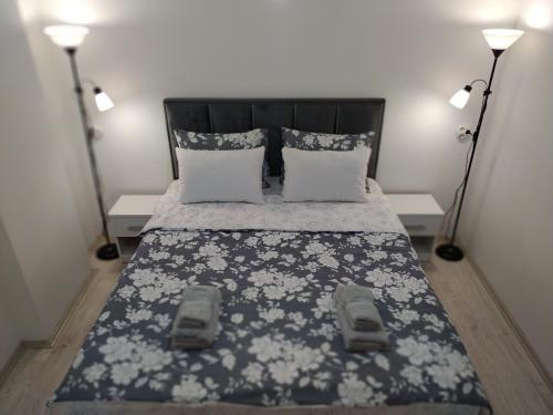 尼什Zamak的一间卧室配有一张带两盏灯的黑白床。