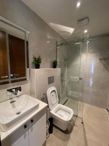 阿克拉Solaris Appartment 5&7th floor的浴室配有卫生间、盥洗盆和淋浴。