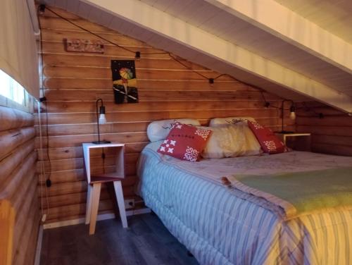 圣马丁德洛斯Mini Casa en el Sur的卧室配有木墙内的一张床