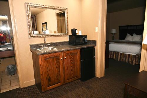 NewportFortune Inn & Suites的一间带水槽和镜子的浴室以及一张床