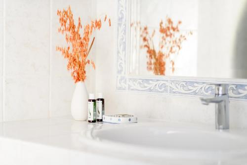 阿达玛斯Villa Notos的浴室设有白色花瓶、水槽和镜子