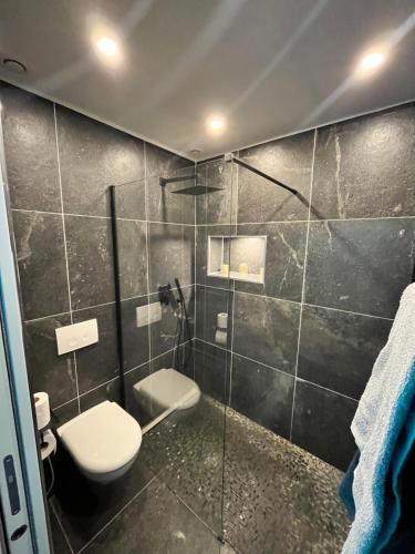 GargenvilleAzulik Spa & Jacuzzi privatif的一间带卫生间和玻璃淋浴间的浴室