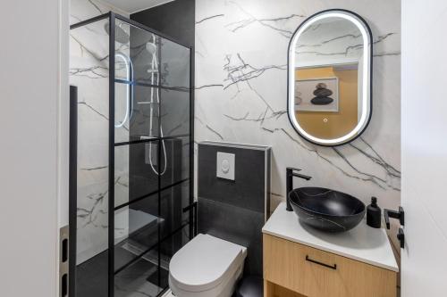 新梅斯托Hotel Dolenjc的一间带卫生间、水槽和镜子的浴室