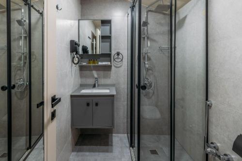 第比利斯Vermont Boutique Hotel的一间带水槽和淋浴的浴室