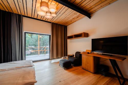 Cîmpu lui Neag卡乐布迪旅游酒店的一间卧室配有一张床和一台平面电视