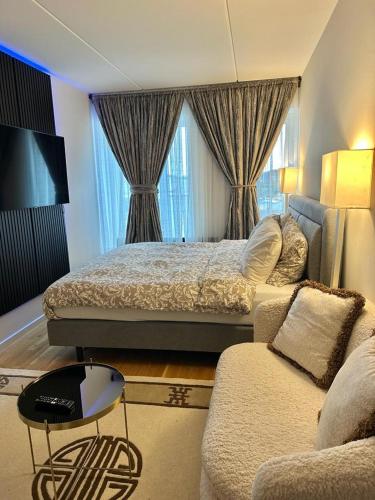 欧登塞Attraktiv lejlighed的一间带两张床和一张沙发的卧室