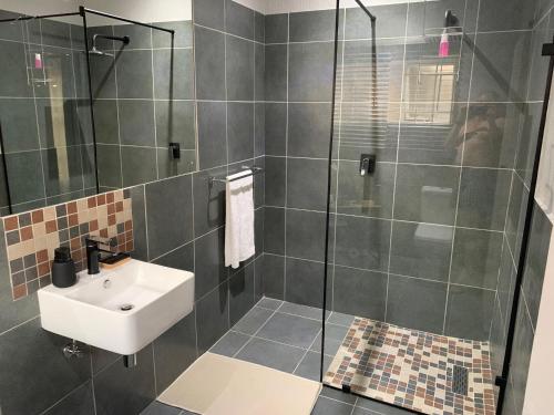 波罗瓜尼Bougain Villa BnB的一间带水槽和玻璃淋浴的浴室