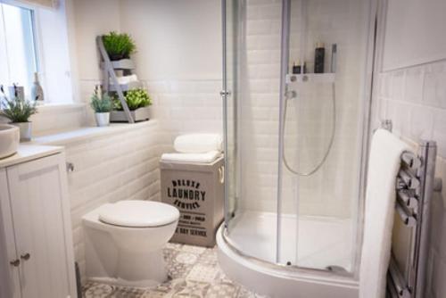淡水The Bay Colwell的白色的浴室设有卫生间和淋浴。