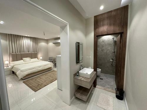 欧普尔الشقة الصحية的一间卧室配有一张床,浴室设有淋浴。