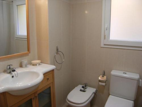 安普里亚斯Apartamentos Athenea的一间带水槽、卫生间和镜子的浴室