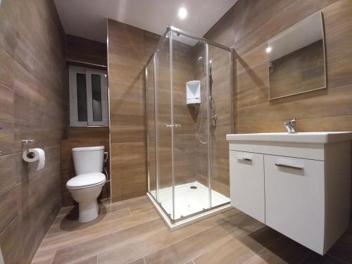 马尔萨斯卡拉Apartment in Marsaskala的带淋浴、卫生间和盥洗盆的浴室