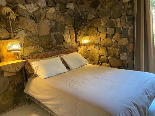 Lo BarnecheaIluminada casa de piedra entre bosque y río的一张带两个枕头和石墙的床