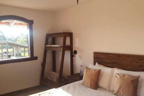 迪亚曼蒂纳Chalé Serra do Ouro的一间卧室设有一张带窗户和梯子的床