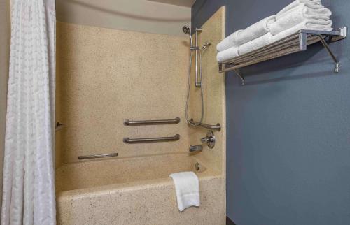 爱迪生美国-爱迪生-力登中心长住酒店的带淋浴和浴帘的浴室