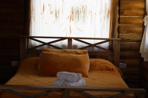 乌斯帕亚塔Paramitas - cabañas y hostel de montaña的窗户前的一张床上有两条毛巾