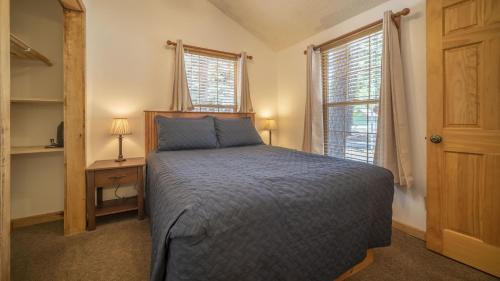 TuckervilleThe Iris Cabin #1 at Blue Spruce RV Park & Cabins的一间卧室配有一张床、一张书桌和两个窗户。