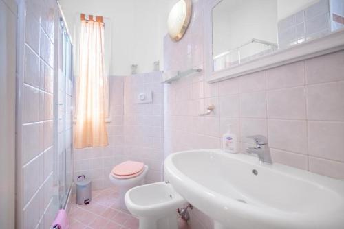PioltelloVilla verdi vicinanze Milano centro的白色的浴室设有水槽和卫生间。
