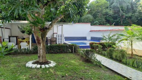 卡门阿皮卡拉Casa vacacional con Jacuzzi privado y BBQ的庭院里的树,带有游泳池