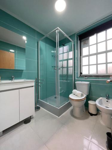 内拉什Apartamentos A'Dao的带淋浴、卫生间和盥洗盆的浴室