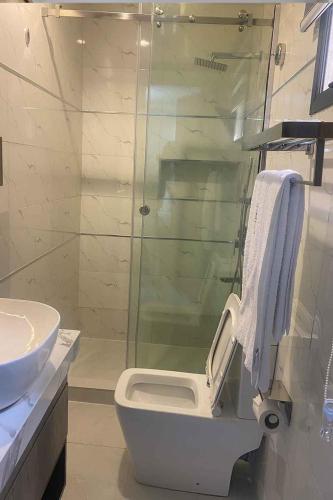 阿布贾Castle Estate Apartments 3的一间带卫生间和玻璃淋浴间的浴室