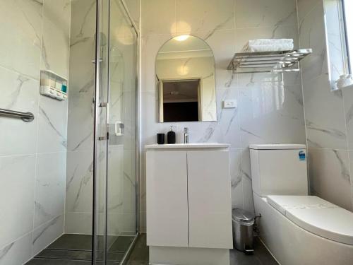 布里斯班本森庭院汽车旅馆的浴室配有卫生间、盥洗盆和淋浴。