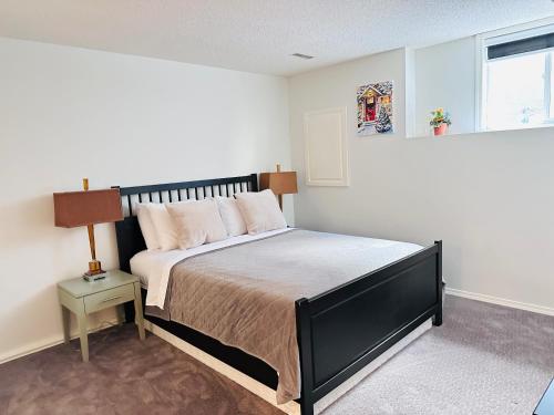 卡尔加里2 Bedrooms Private Basement Suite Close to Winsport & Downtown的一间卧室设有一张床和一个窗口