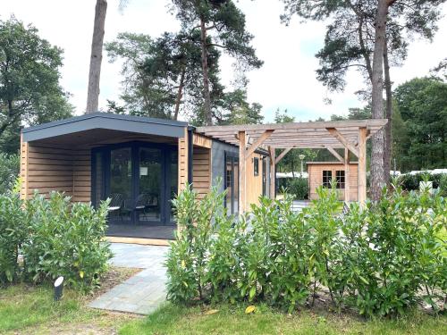 贝克贝亨Luxe Bos Cottage SERENDIPITY的一间黑色屋顶的小型木屋