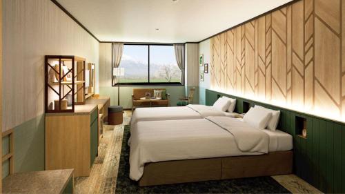 八幡平市八幡平山酒店及Spa的卧室配有一张白色大床