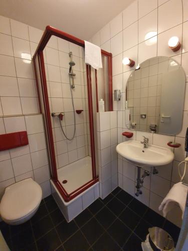 贝格施特拉瑟黑彭海姆瓦尔德肖克福尔酒店的带淋浴和盥洗盆的浴室