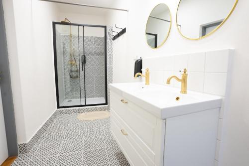 布拉格White Wolf House Hostel & Apartments的白色的浴室设有水槽和淋浴。