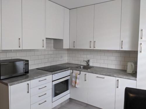 彼得库夫特雷布纳尔斯基Rigel Rooms的白色的厨房配有白色橱柜和水槽