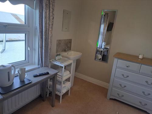 科尔雷恩New Lisnagalt Lodge的浴室配有盥洗盆、镜子和盥洗盆