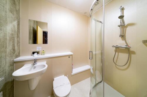 蒂斯河畔斯托克顿艾比菲尔德小屋旅馆的浴室配有卫生间、盥洗盆和淋浴。