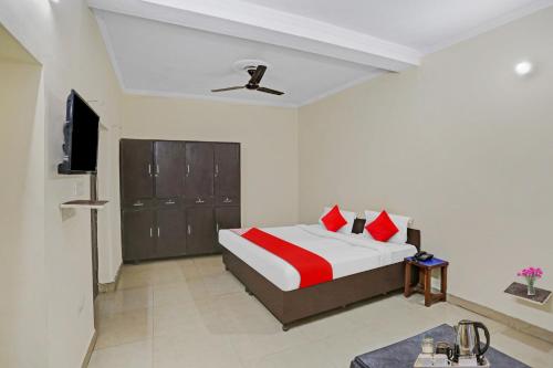 新德里OYO Hotel Dreamland Residency的一间卧室配有一张床和一台平面电视