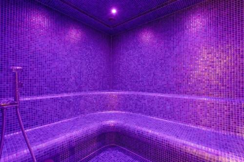 尼彻兹Pokoje z wyżywieniem i krytym basenem w Amber Park Spa的紫色浴室设有紫色灯浴缸