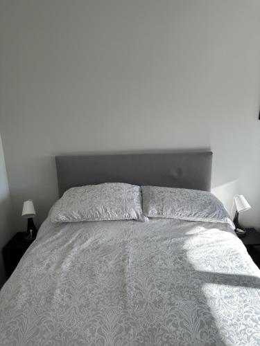 韦克斯福德Pineridge Snug的一张带灰色床罩和两盏灯的床