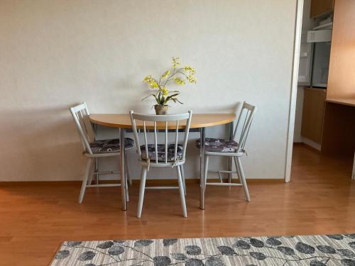 LohjaStudiohuoneisto Lohja keskusta的一张桌子,上面有三把椅子和盆栽植物