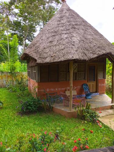 KpaliméFerme Yaka YALE的一座带茅草屋顶的小小屋,在院子里摆放着椅子