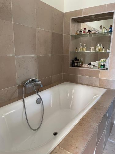 穆兰Les chambres de Juliette的浴室设有带淋浴的白色浴缸。