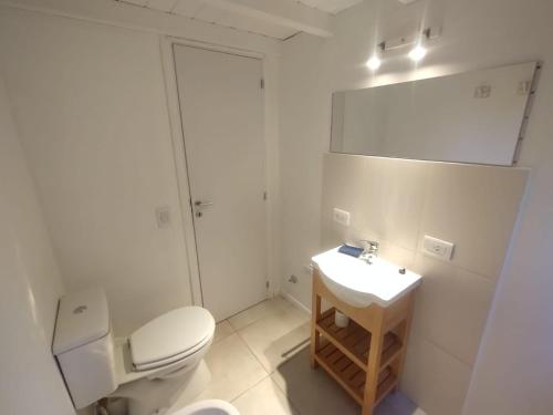 圣卡洛斯-德巴里洛切Casa nueva en Bariloche a orillas del Nahuel Huapi的白色的浴室设有卫生间和水槽。