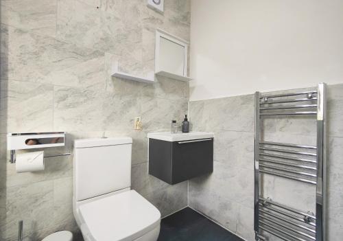 曼彻斯特Regent House - Modern Holiday Home 10 Minutes to Manchester City Centre With Free Parking的浴室配有卫生间、盥洗盆和淋浴。