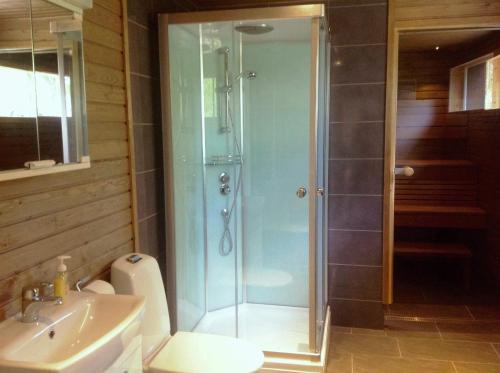 伊纳利伊纳利鱼类领域度假屋的带淋浴、卫生间和盥洗盆的浴室