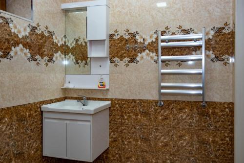 盖贝莱Qafqaz Panoramic Mountain Chalet的一间带水槽和镜子的浴室