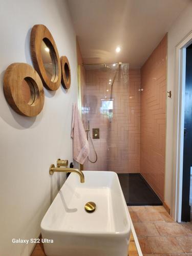 切尔滕纳姆La Casa Rossa with free parking的浴室配有白色水槽和淋浴。