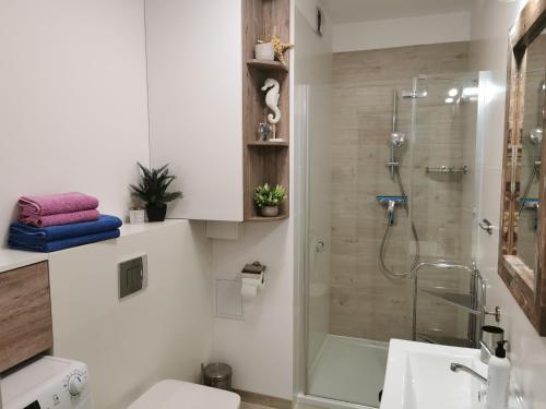 尤斯托尼莫斯基Apartamenty Wybrzeże Laguna的带淋浴、卫生间和盥洗盆的浴室