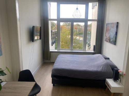 布雷达Mastbos Guesthouse Breda的一间卧室设有一张床和一个大窗户
