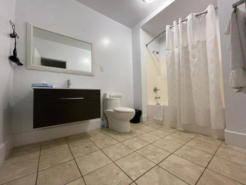 伦敦Travelodge by Wyndham London Ontario的一间带卫生间、水槽和镜子的浴室