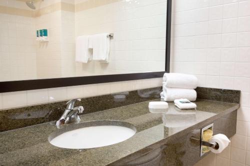 奥斯汀Drury Inn & Suites Austin North的浴室配有盥洗盆、镜子和毛巾