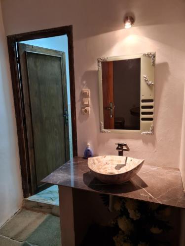 米德勒特Hôtel et Restaurant ARIJ的一间带石制水槽和镜子的浴室