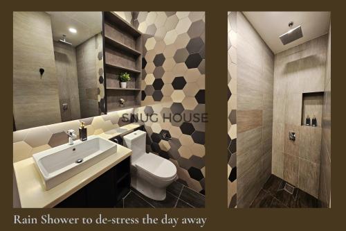 吉隆坡Romantic Log Cabin 3 - in the Heart of KL city (walk to KL Tower/KLCC/Bukit Bintang)的一间带水槽、卫生间和镜子的浴室